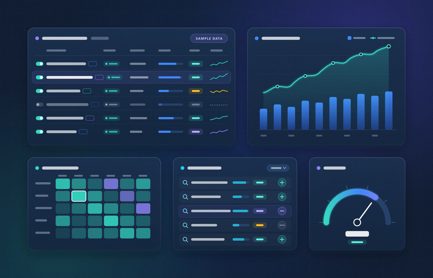 Illustration of advertising analytics with campaign rows, spend versus sales chart and keyword heatmap, labeled as sample data.