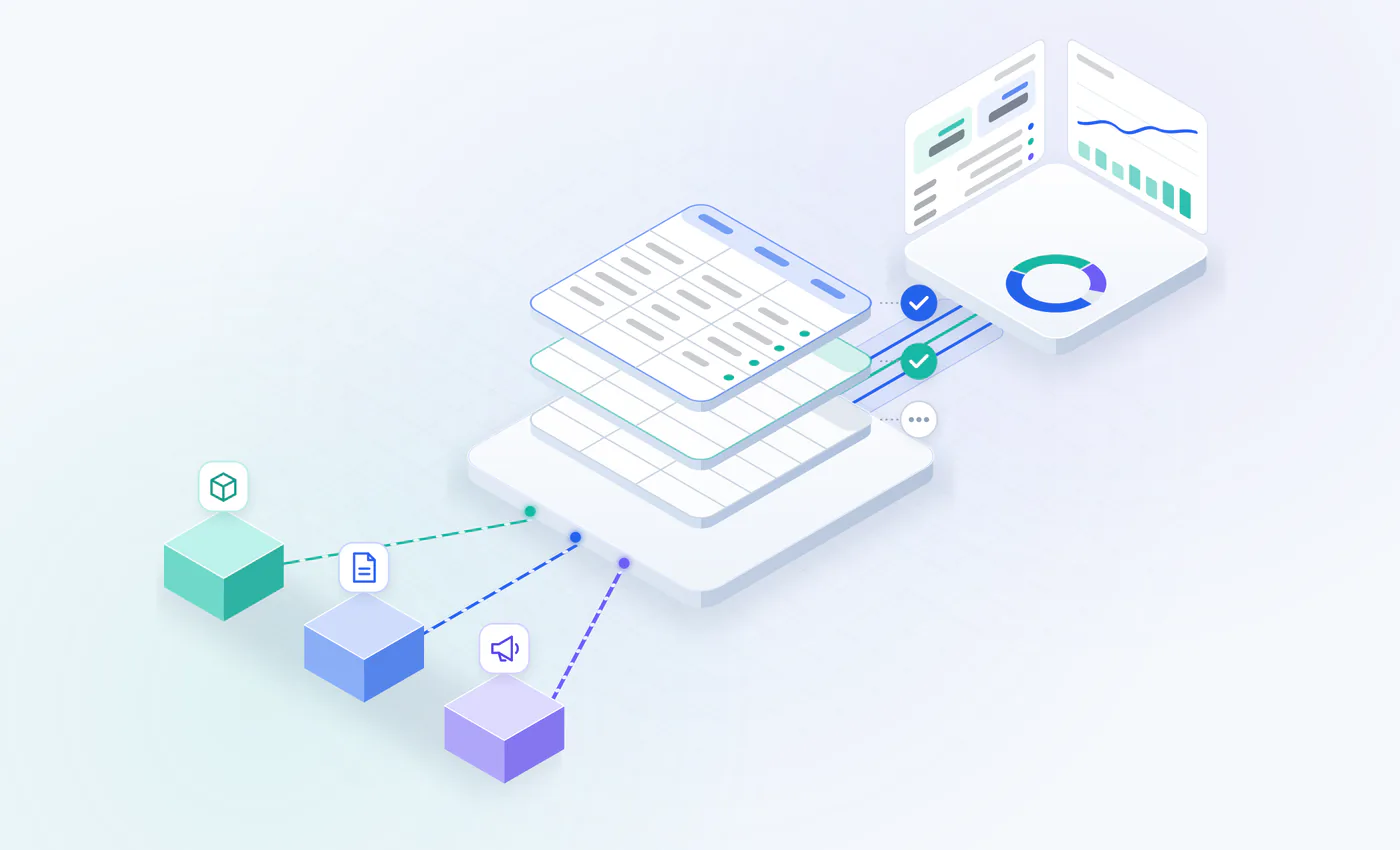 Diagram-style illustration of source systems flowing into validated tables and then into analytics views.