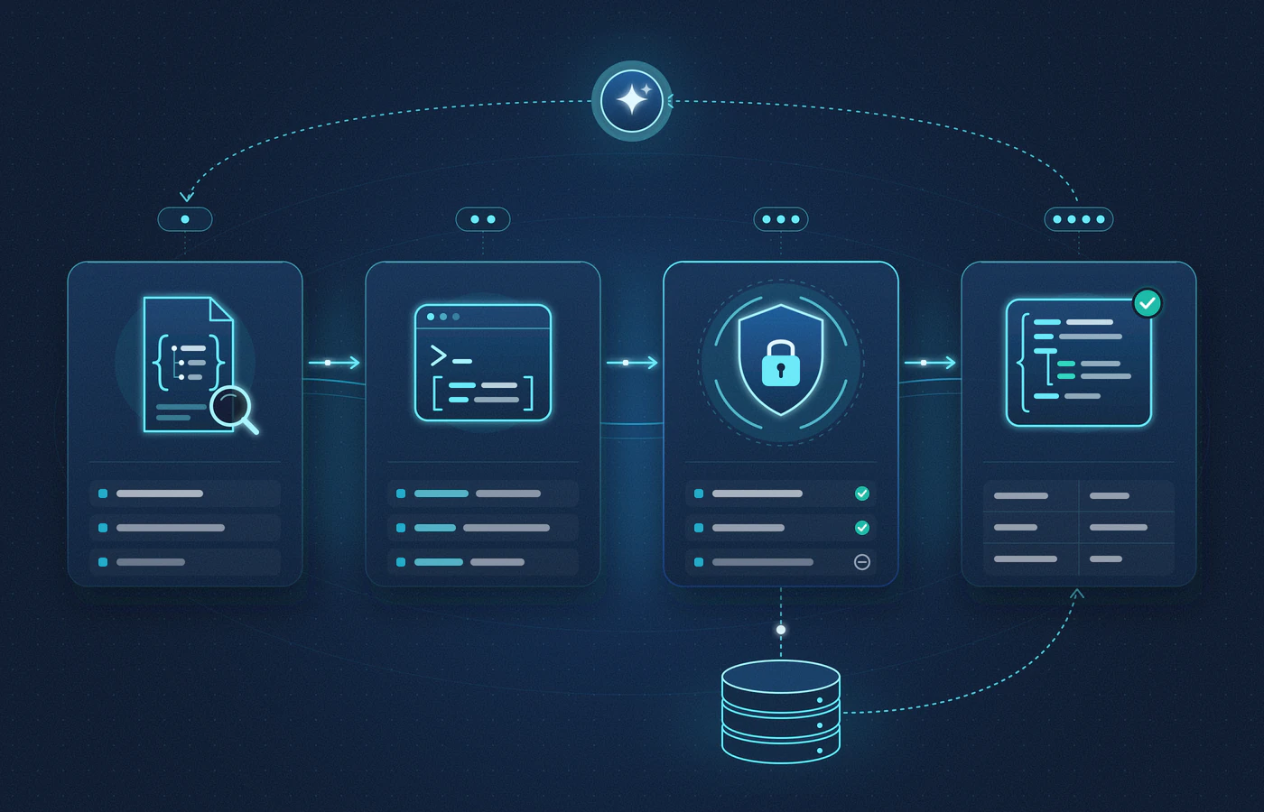 Illustration of schema discovery, tool call, access gate and structured response.