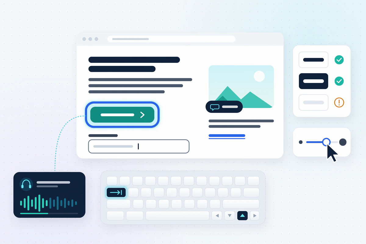 Illustration of an accessibility-first interface with a large focus ring, keyboard, contrast swatches and a screen-reader waveform.