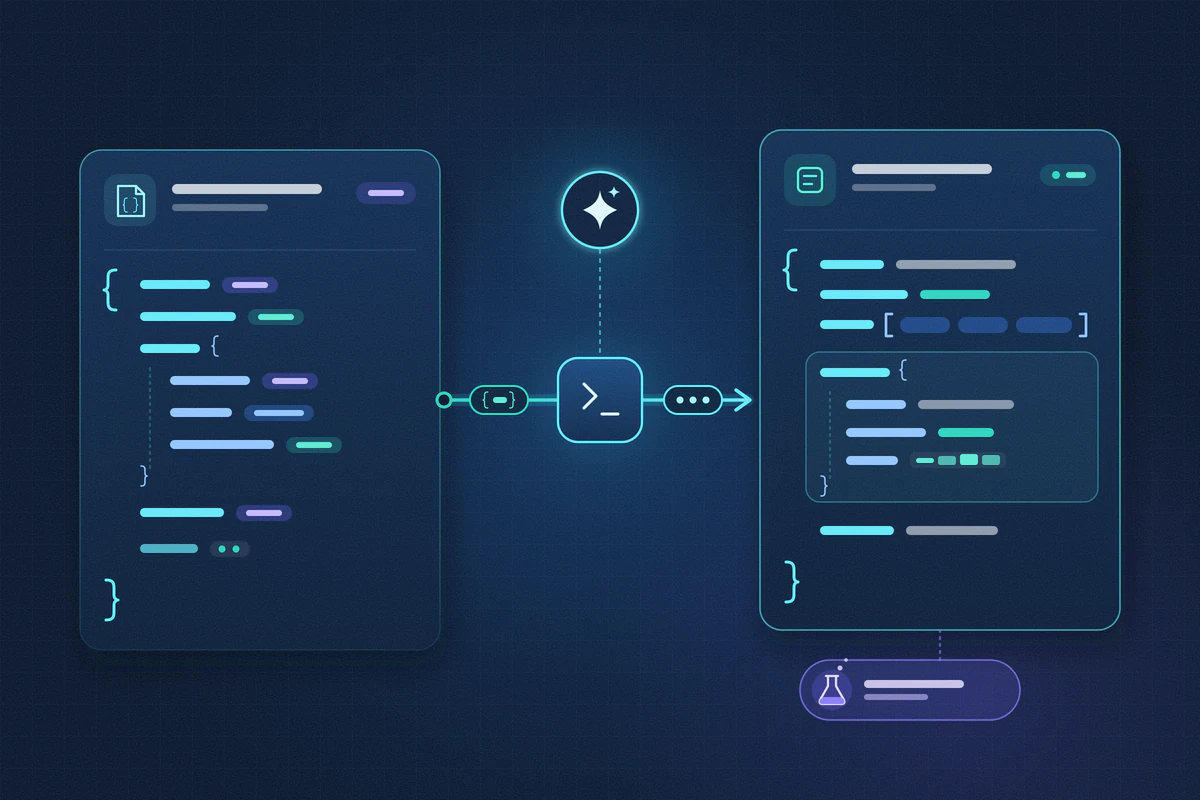 Illustration of generic MCP tool cards: a schema document, a tool call arrow and a structured response, using synthetic data.