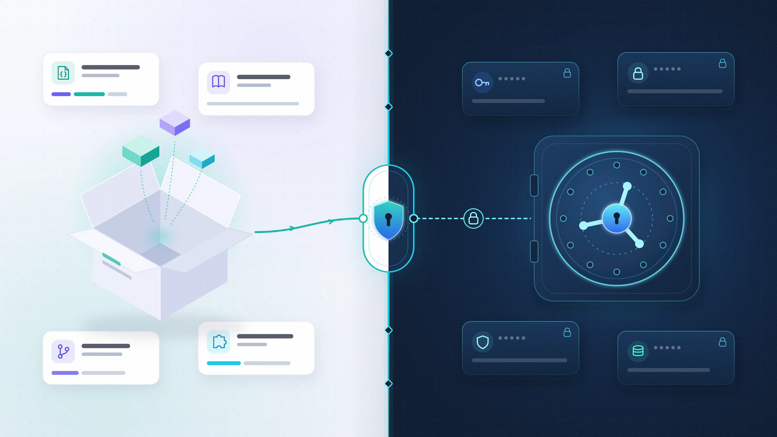 Illustration of open software modules on one side and locked data compartments on the other, separated by a clear boundary.