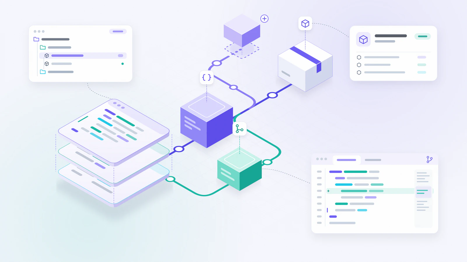 Illustration of modular code packages connected by branch lines and clean interface panels.