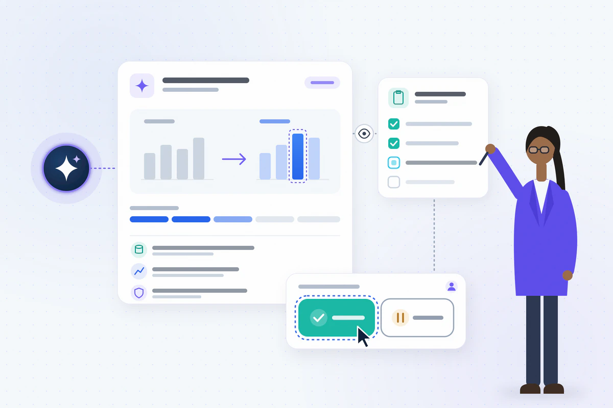 Illustration of an AI recommendation card next to a human reviewer with approve and hold controls and a checklist.